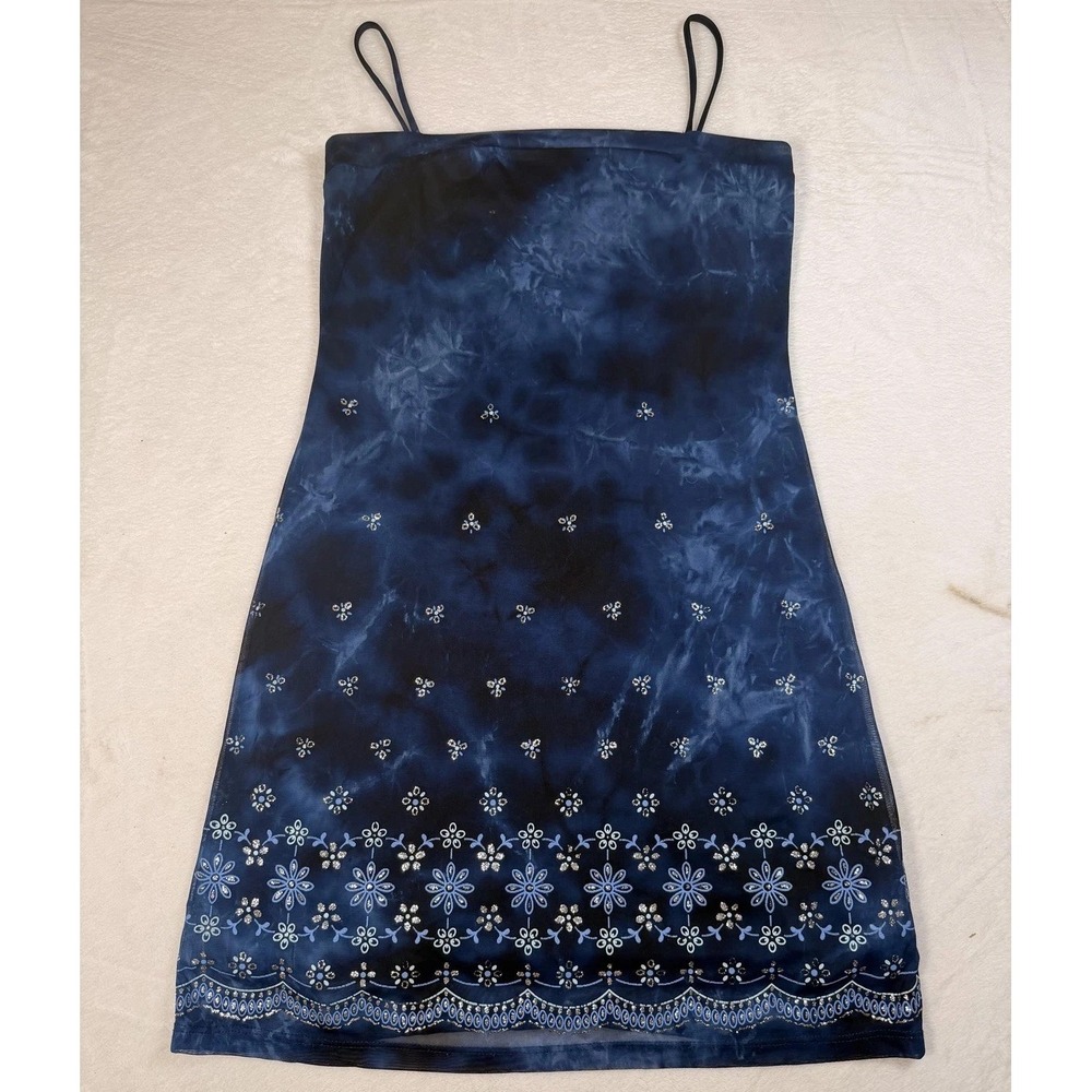Y2K Vintage Rave City Dress Size S Blue Tie Dye Floral Glitter Slip Mini Y2K